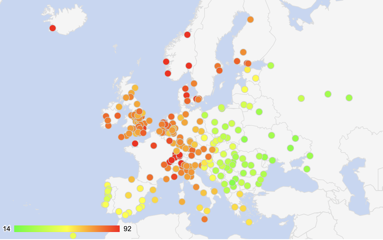 Carte de l'Europe qui représente les coûts d'achat dans des zones.